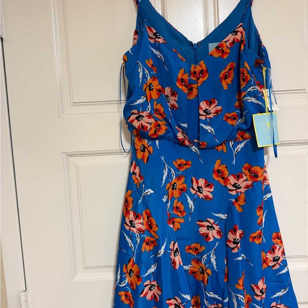 CeCe Royal Blue Floral Dress with Coral & Black Accents